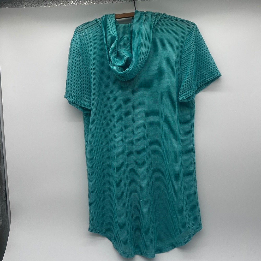 Ann Taylor Teal Mesh Hooded Button Front Short Sleeve Top Womens Teal Size M - Picture 2 of 7
